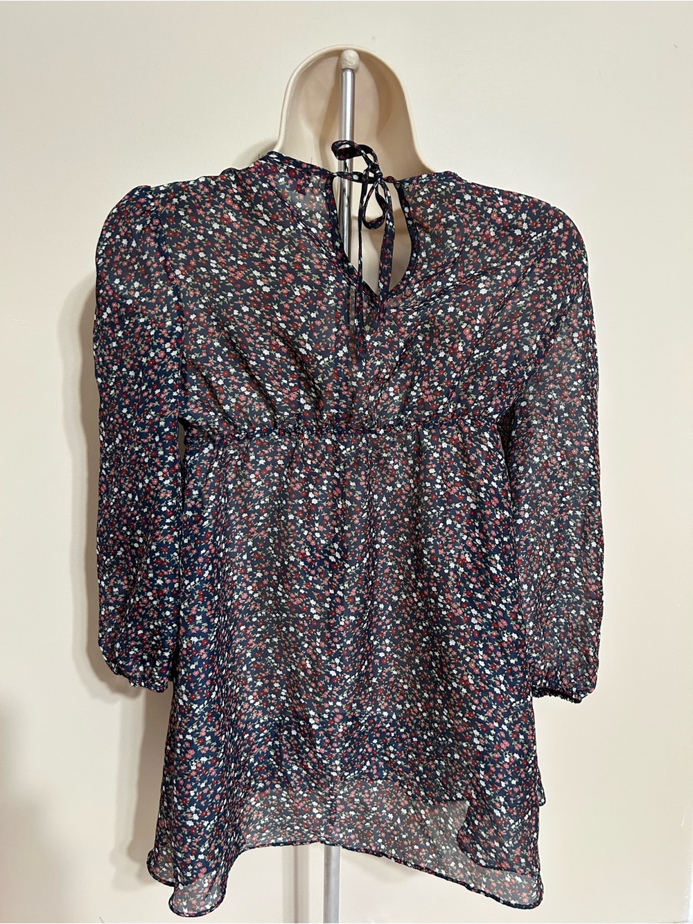 Aqua Navy Multicolor Floral Tie-Neck Sheer Blouse